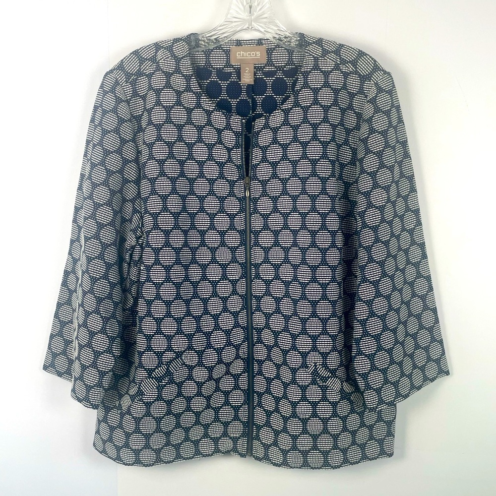 Chico's Blue White Geometric Circles Lightweight Zipper Jacket Size 12 Large